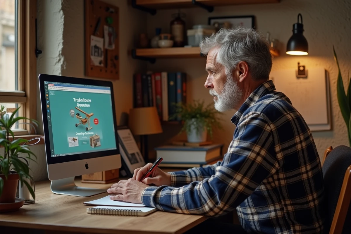 Homme d'âge mûr prenant des notes pendant un cours de bricolage en ligne sur ordinateur dans un bureau à domicile avec des manuels DIY