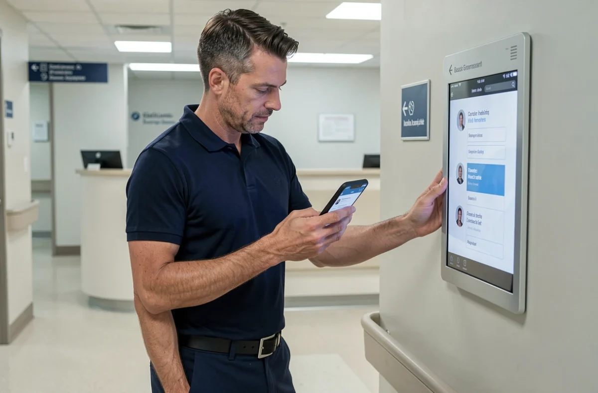 Homme consultant ses services de santé UHA sur mobile dans un couloir d'hôpital