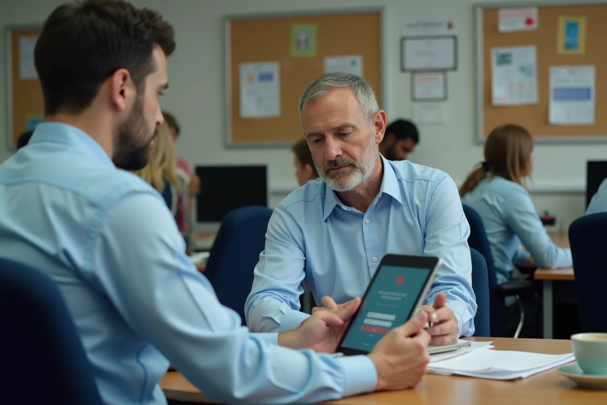 Homme concentré sur une tablette dans un bureau scolaire
