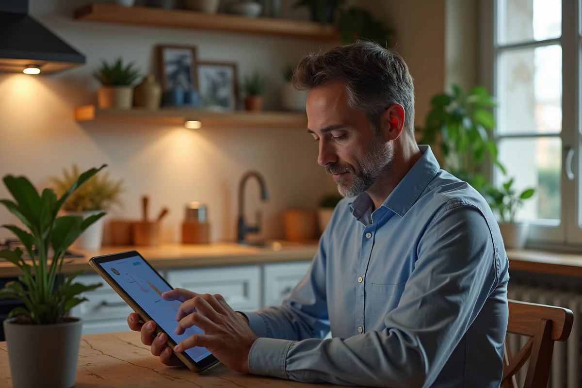 Homme en visioconference dans sa cuisine parisienne