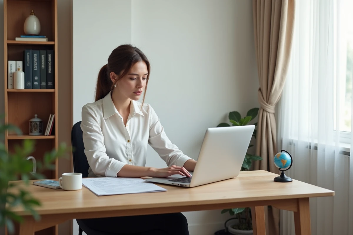 Hôtesse de l'air analysant son salaire et son contrat de travail sur un ordinateur portable à son domicile