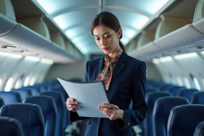 Hôtesse de l'air en uniforme bleu marine consultant un contrat de travail dans la cabine d'un avion commercial