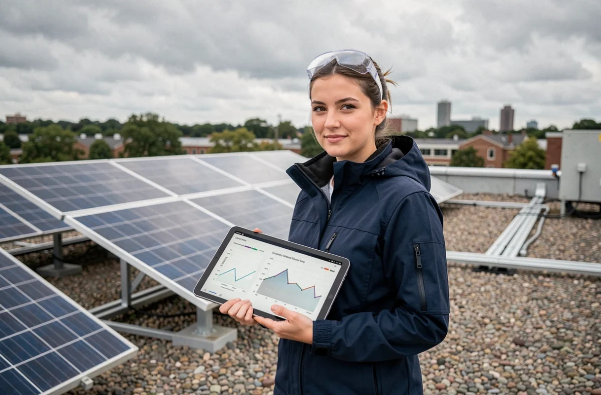 Ingénieure inspectant des panneaux solaires sur le toit d'une grande école d'ingénieur engagée dans la transition énergétique