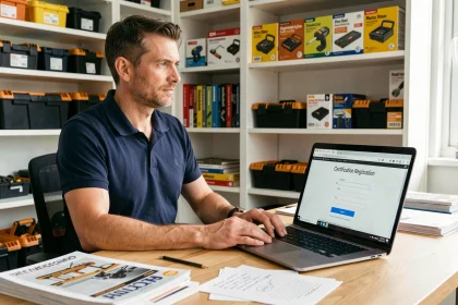 Homme consultant un formulaire d'inscription en ligne pour une certification bricolage sur son ordinateur portable, entouré de manuels de bricolage et de notes manuscrites