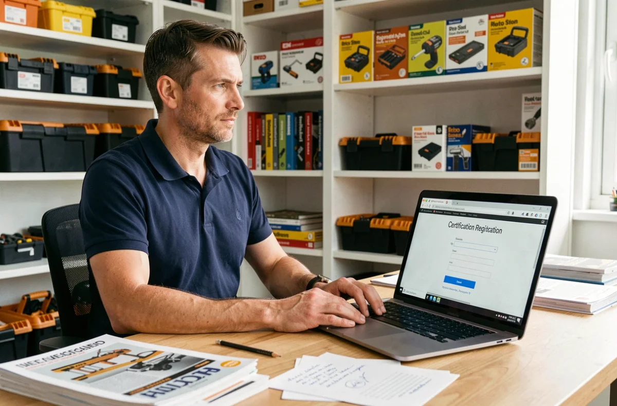 Homme consultant un formulaire d'inscription en ligne pour une certification bricolage sur son ordinateur portable, entouré de manuels de bricolage et de notes manuscrites