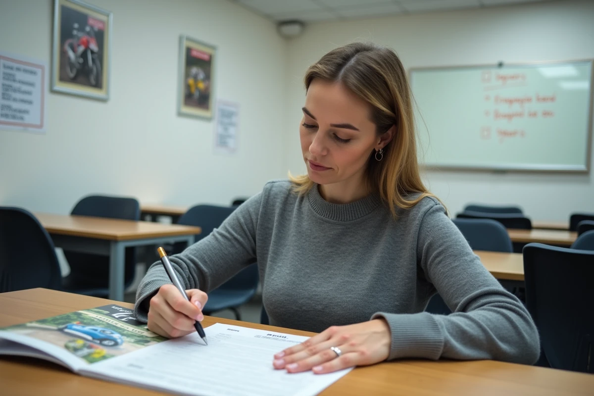 Femme adulte remplissant un dossier d'inscription à la formation 125 cm3 dans une auto-école, avec une brochure de formation posée sur le bureau