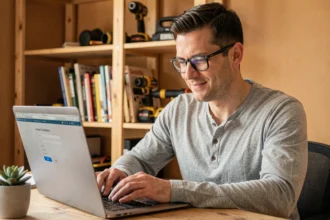 Homme inscrivant son compte sur LeLabDuBricoleur depuis son bureau à domicile avec un ordinateur portable