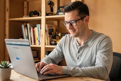 Homme inscrivant son compte sur LeLabDuBricoleur depuis son bureau à domicile avec un ordinateur portable