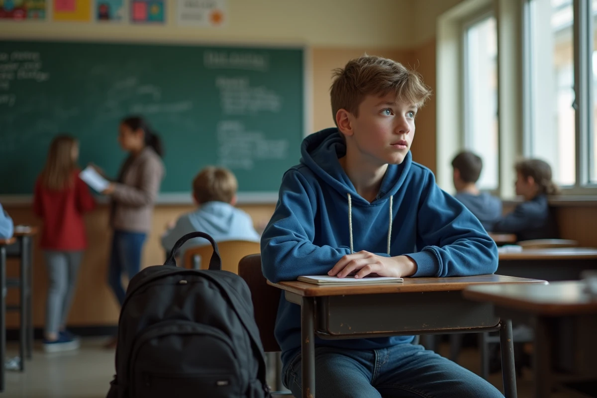 Jeune adolescent pensif regardant par la fenêtre en classe