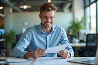Jeune apprenti homme souriant dans un bureau moderne