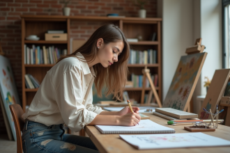 Jeune femme artiste en studio en train de dessiner