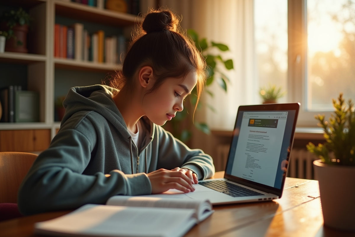Jeune étudiant étudiant à la maison avec ordinateur et livres