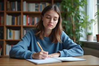Jeune femme en sweater bleu écrit vocabulaire espagnol