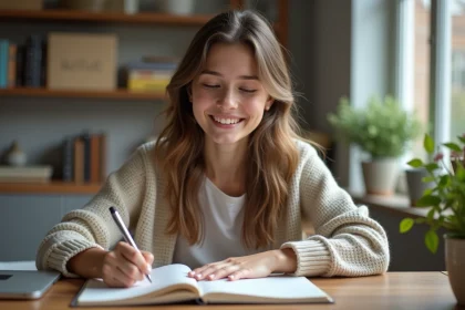 Jeune femme concentr&eacute;e en &eacute;tude de fran&ccedil;ais &agrave; la maison