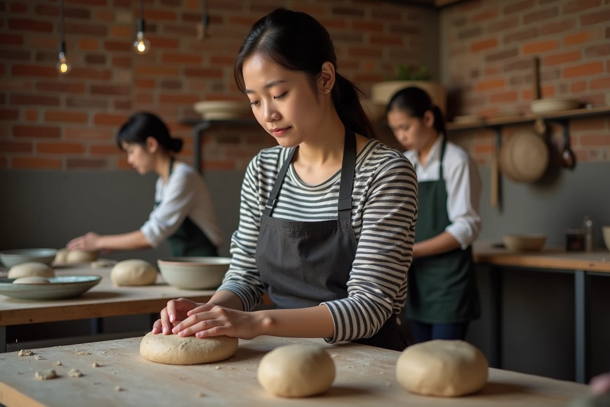 Jeune femme d'origine asiatique en atelier de formation manuelle, concentrée sur son travail artisanal, représentant l'apprentissage pratique et l'insertion professionnelle sans diplôme formel