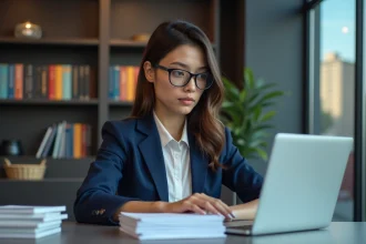 Jeune femme avocate en costume dans un bureau moderne