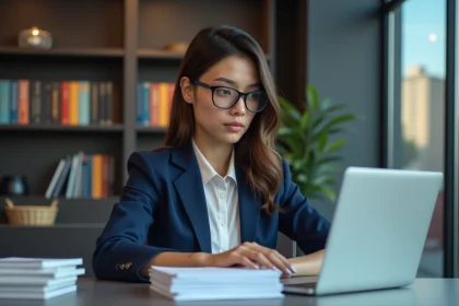 Jeune femme avocate en costume dans un bureau moderne