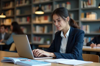 Jeune femme en blazer dans une biblioth&egrave;que universitaire
