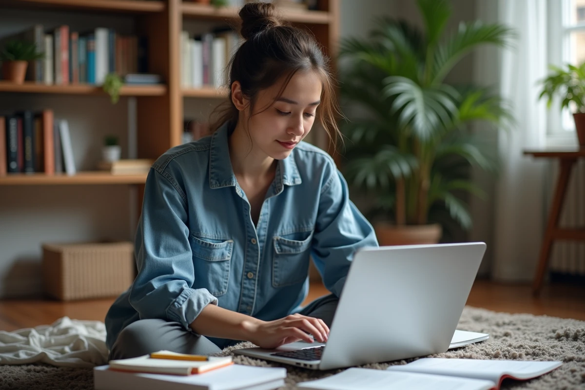Jeune femme en denim studieuse avec ordinateur et notes