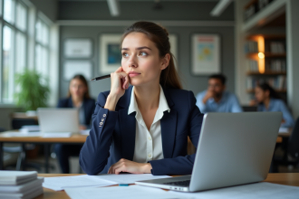 Jeune femme en bureau regardant pensivement