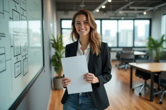 Jeune femme souriante avec certificat dans un bureau moderne