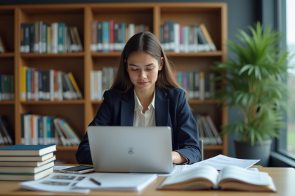 Jeune femme concentrée à étudier dans une bibliothèque moderne