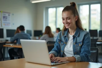 Jeune femme en denim au bureau d'université