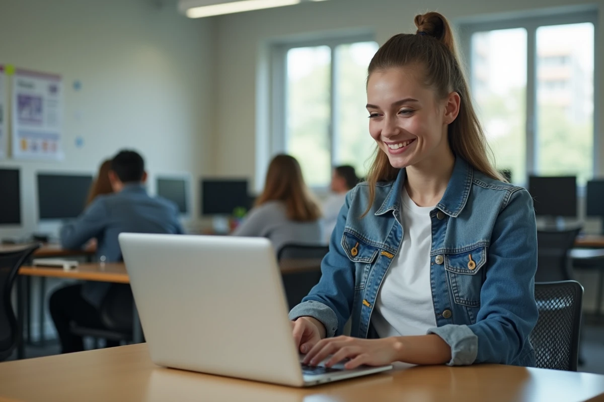 Jeune femme en denim au bureau d'université