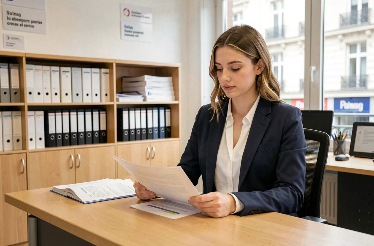 Jeune femme travaillant dans un bureau de la fonction publique, révisant des documents administratifs officiels
