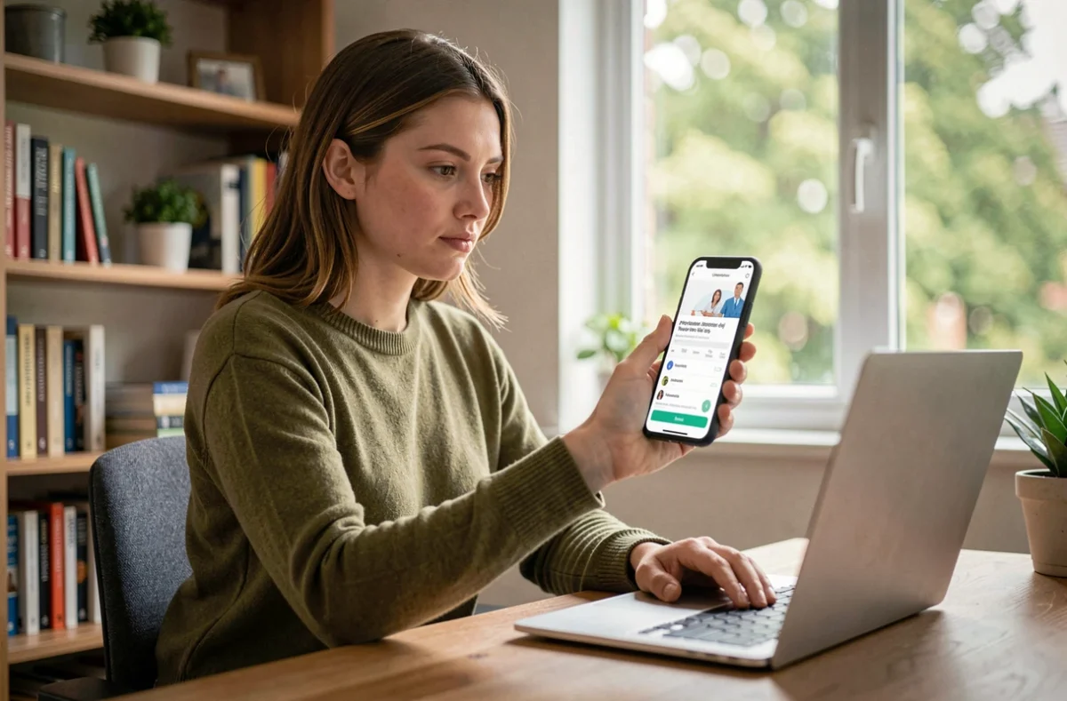 Jeune femme gérant ses services UHA sur application mobile depuis son bureau à domicile