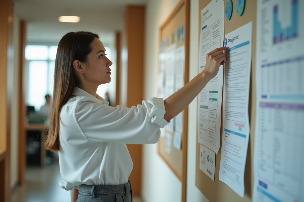 Jeune femme internant affichant un projet dans le couloir