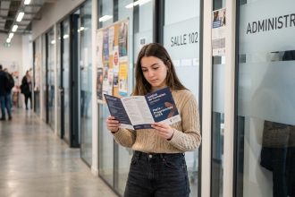 Jeune femme lisant une brochure dans un centre de formation parisien