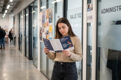 Jeune femme lisant une brochure dans un centre de formation parisien