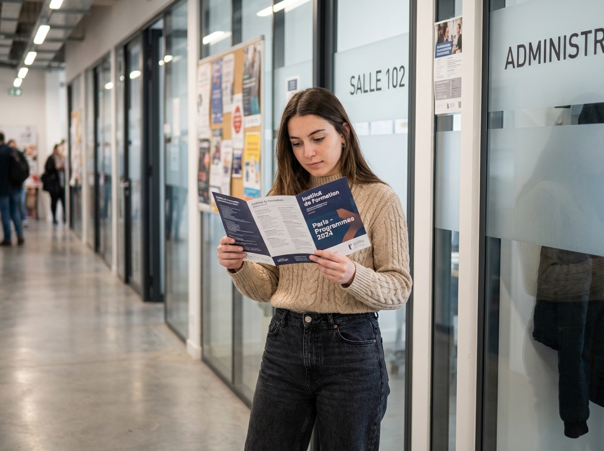 Jeune femme lisant une brochure dans un centre de formation parisien