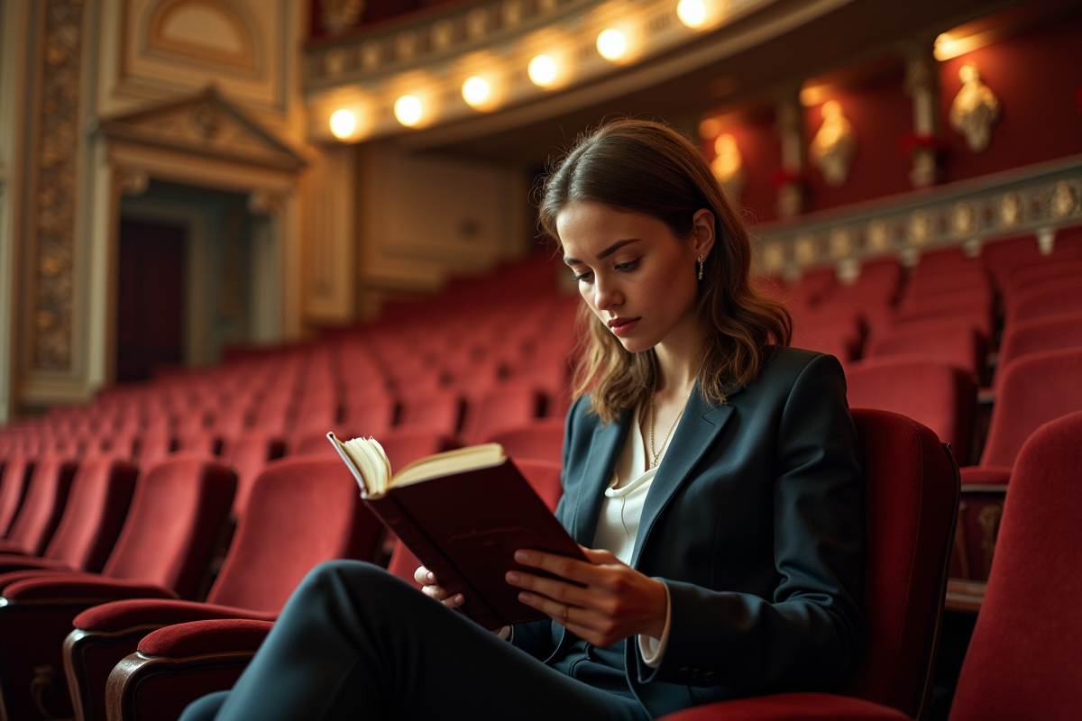 Jeune femme lisant un livre dans un balcon de théâtre élégant