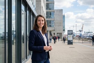 Jeune femme confiante devant un bâtiment moderne au Havre