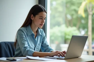 Jeune femme concentrée sur son ordinateur dans un bureau moderne