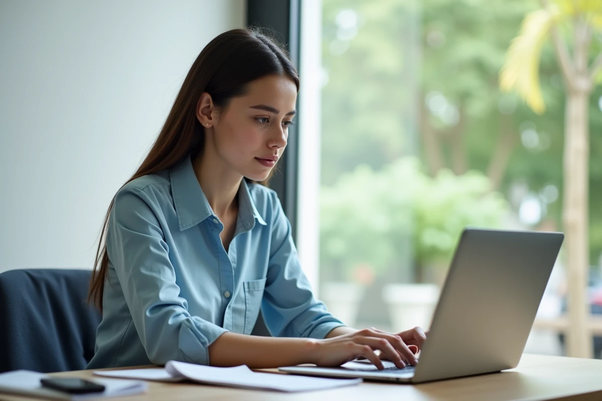 Jeune femme concentrée sur son ordinateur dans un bureau moderne
