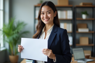 Jeune femme professionnelle souriante avec certificat en bureau moderne