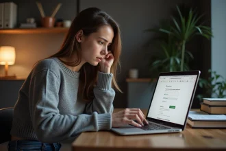 Jeune femme concentrée sur son ordinateur pour reinitialiser son mot de passe