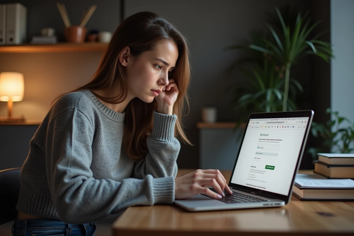 Jeune femme concentrée sur son ordinateur pour reinitialiser son mot de passe