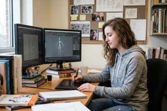 Jeune femme en studio d'animation avec double &eacute;cran