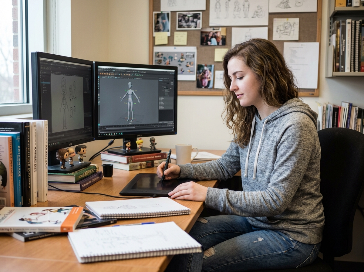 Jeune femme en studio d'animation avec double écran