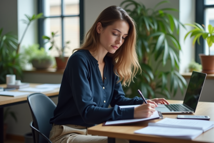 Jeune femme concentrée prenant des notes au bureau