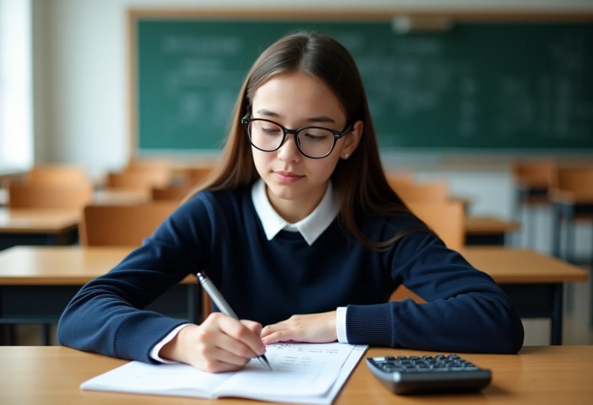 Jeune fille concentrée en maths dans une classe moderne