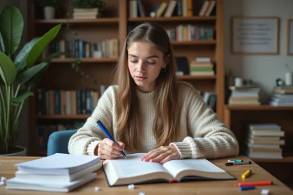 Jeune femme annotant un livre de poésie dans un bureau cosy