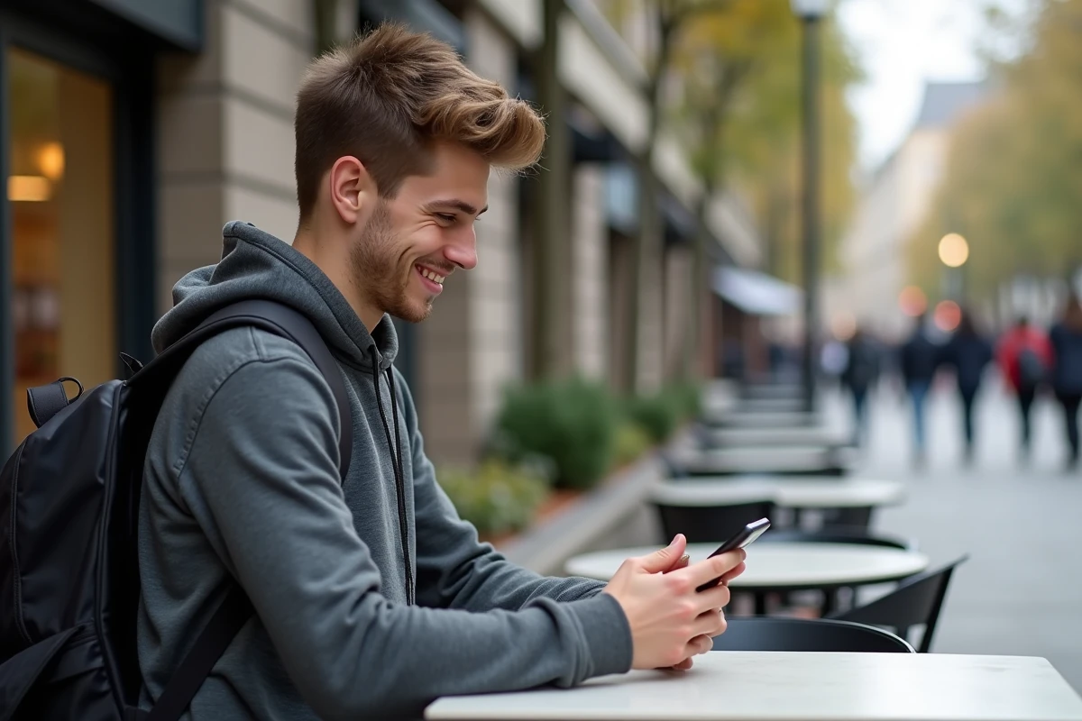 Jeune homme avec smartphone dans un caf&eacute; &eacute;tudiant en ville