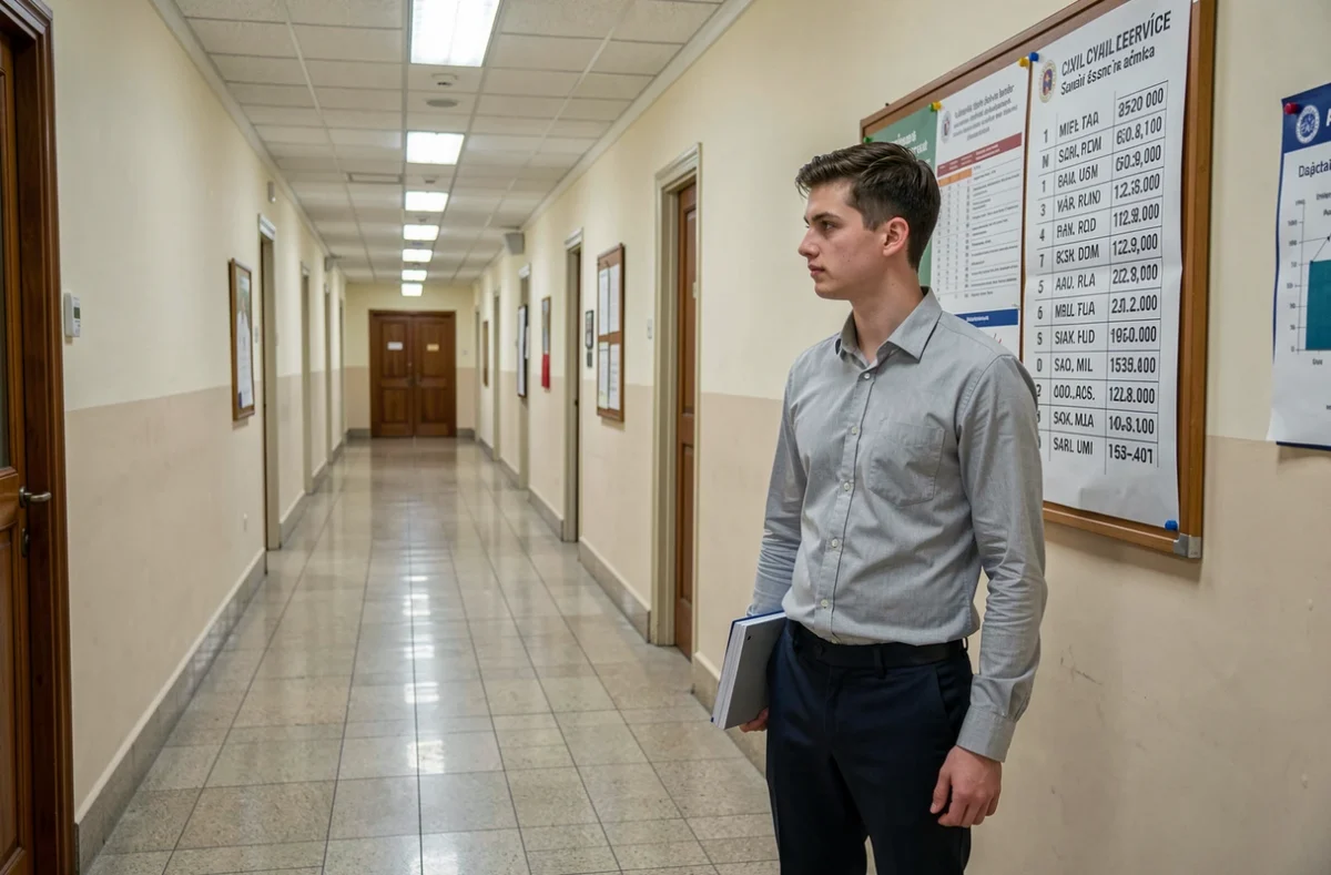 Jeune homme consultant un tableau d'affichage des concours de la fonction publique dans un couloir administratif