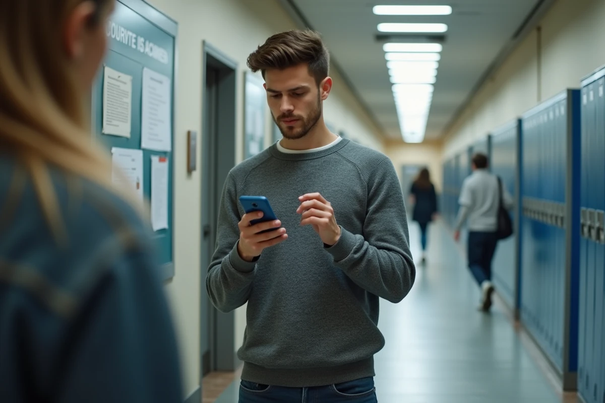 Jeune homme dans un couloir universitaire utilisant IProf
