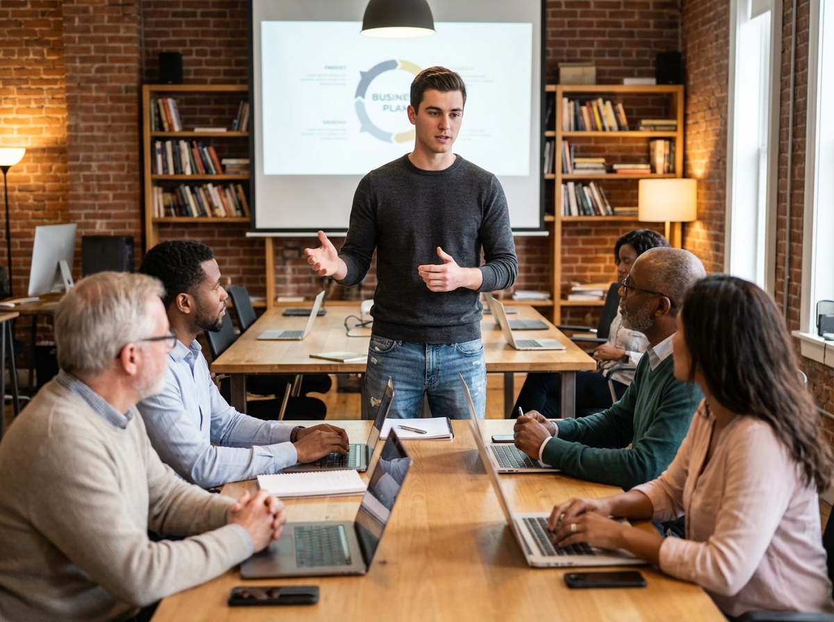 Jeune homme présentant un projet à un groupe d